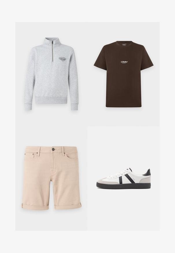 Grauer Kapuzensweater mit hohem Kragen, gerippten Bündchen und Saum, mit schwarzem Logo auf der Brust. Hergestellt aus einem weichen, strukturierten Stoff.; Braunes Baumwoll-T-Shirt mit kurzen Ärmeln, Rundhalsausschnitt und einem kleinen weißen Logo auf der Brust. Angenehme Textur und reguläre Passform.; Beige Denim-Shorts mit geradem Schnitt, mit umgeschlagenen Säumen, zwei vorne Taschen und einer kleinen Tasche hinten. Hergestellt aus strapazierfähigem Stoff.; Weiße Sneaker mit schwarz- und grau-aczenten, ausgestattet mit einer strukturierten grauen Zehenkappe, schwarzer Gummi-Sohle und flachen weißen Schnürsenkeln. Sauberes Design, minimalistische Stil.