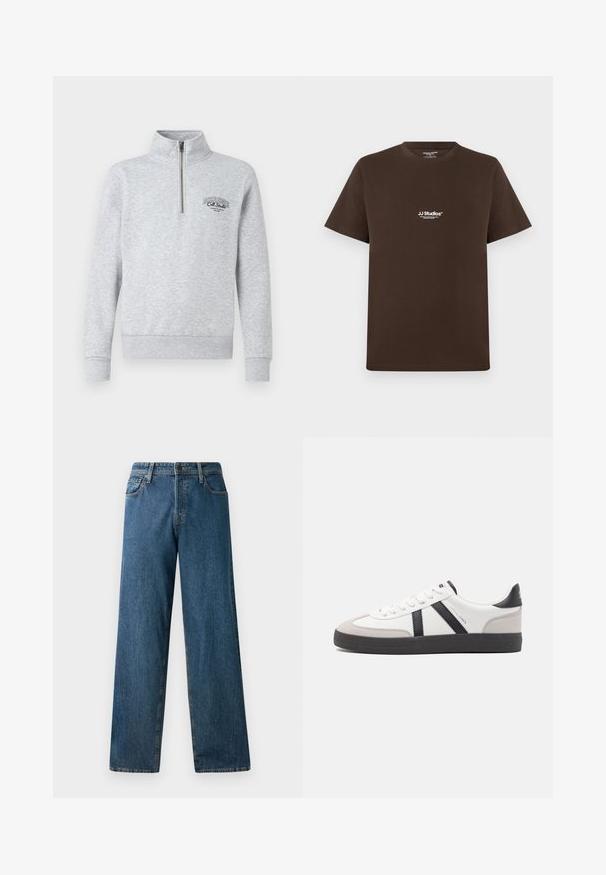 Sudadera gris con cremallera y cuello alto, puños y dobladillo acanalados, con un logotipo negro en el pecho. Fabricada con un tejido suave y texturizado.; Camiseta de algodón marrón con mangas cortas, cuello redondo y un pequeño logo blanco en el pecho. Textura suave y corte regular.; Vaqueros de mezclilla azul de pierna recta con cinco bolsillos y cierre de botón sobre un fondo blanco.; Zapatilla blanca con acentos en negro y gris, que presenta una puntera texturizada en gris, suela de goma negra y cordones planos blancos. Diseño limpio, estilo minimalista.