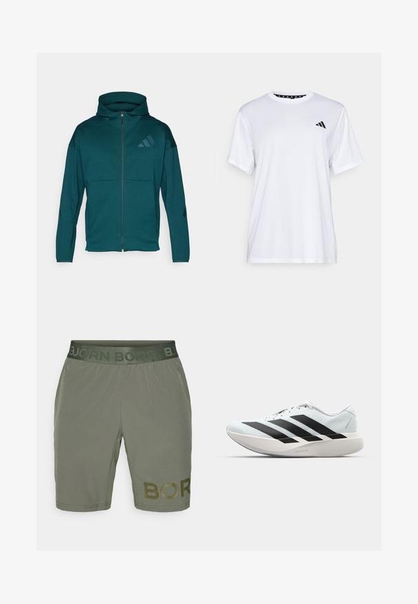 Hellysegen grønn hettegenser med full glidelås, frontlommer og subtilt mørkt logo på brystet og ermene, vist på en enkel hvit bakgrunn.; Hvit trenings T-skjorte med korte ermer, laget av fukttransporterende stoff. Har en svart logo på venstre bryst og et mønstrete innvendig halsåpning.; Oliven grønne treningshorts med elastisk midjebånd som har preget «BJÖRN BORG»-tekst, og et stort forsterket «BORG»-logo på siden.; Lette løpesko i lys blå med svarte striper. Har en myk overdel, rund tå og tykk hvit mellomsole merket "LIGHTSTRIKE PRO."