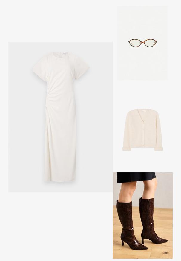 Cream v-neck cardigan made of fluffy knit material, featuring five buttons down the front and ribbed cuffs and hem.; White dress with short sleeves, round neckline, and side ruching detail; smooth fabric with a floor-length silhouette.; Brown, knee-high boots with a crocodile texture, pointed toe, and a low heel. Features a side zipper for closure and a glossy finish.; Tortoiseshell eyeglasses with oval lenses and a sleek, smooth finish. Features thin sides with a subtle curve at the temples. Clear lenses.