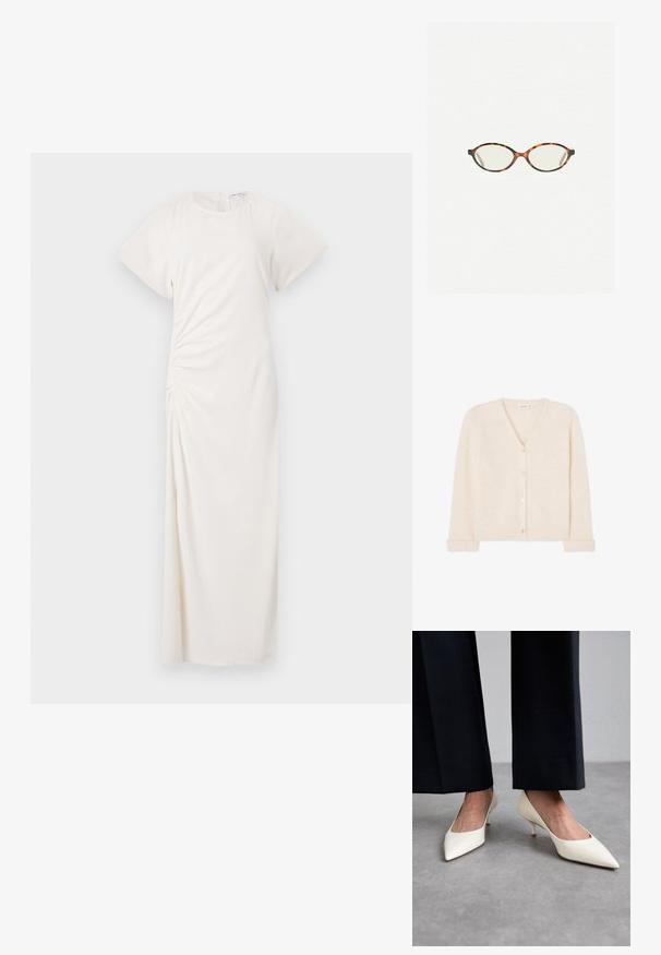 Cardigan crème en v en tricot duveteux, avec cinq boutons sur le devant et des poignets et un ourlet côtelés.; Robe blanche à manches courtes, décolleté rond et détails de ruching sur les côtés ; tissu lisse avec une silhouette longue jusqu'au sol.; Stuart Weitzman POWER - Escarpins - cream; Lunettes en écaille de tortue avec des verres ovales et une finition lisse et élégante. Présente des branches fines avec une courbure subtile au niveau des tempes. Verres transparents.