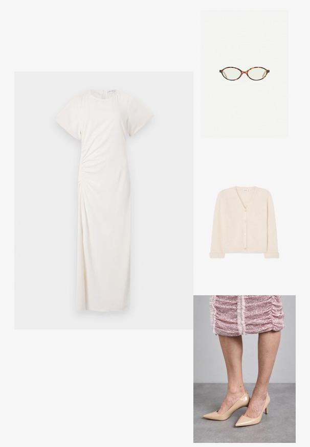Krémový v-neck kardigán vyrobený z nadýchaného pleteného materiálu, s piatimi gombíkmi na prednej strane a rebrovanými manžetami a lemom.; Biele šaty s krátkymi rukávmi, okrúhlym výstrihom a detailom na bočnom riasení; hladká tkanina s dĺžkou po zem.; Béžové lakované lodičky s úzkou špičkou a tenkým podpätkom. Hladký povrch s elegantným dizajnom. Nosia sa s ružovými šatami posiatymi flitrami.; Korytnačkové okuliare s oválnymi šošovkami a hladkým, lesklým povrchom. Majú tenké strany s jemným zakrivením na spánkoch. Priehľadné šošovky.