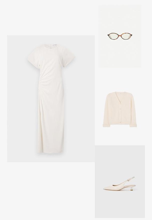 Kremna v-neck jopica iz puhaste pletenine, ki ima pet gumbov spredaj ter rebraste manšete in rob.; Bela obleka s kratkimi rokavi, okroglim izrezom in turističnimi detajli; gladka tkanina z dolžino do tal.; Kremne toke s koničastim nosom in nizko kitten peto ter z zlatim sponko na enobarvni beli podlagi.; Kornjačaste očala z ovalnimi lečami in gladko, sijočo površino. Imajo tanke stranice z rahlim ovinkom na templjih. Prosojne leče.