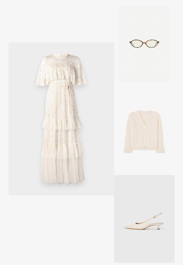 Krémový cardigan s v-výstřihem vyrobený z nadýchané pleteniny, s pěti knoflíky vpředu a žebrovanými manžetami a spodním lemem.; Krémové maxi šaty z průsvitné látky, s vrstvenými volány, květinovými aplikacemi a zavazovacími detaily v pase, s vysokým výstřihem a krátkými rukávy.; Krémová špičatá slingback obuv s nízkým klínkovým podpatkem a zlatou sponou na bílém pozadí.; Želvovinové brýle s oválnými čočkami a hladkým, jemným povrchem. Má tenké bočnice s jemným zakřivením v chrámcích. Čiré čočky.