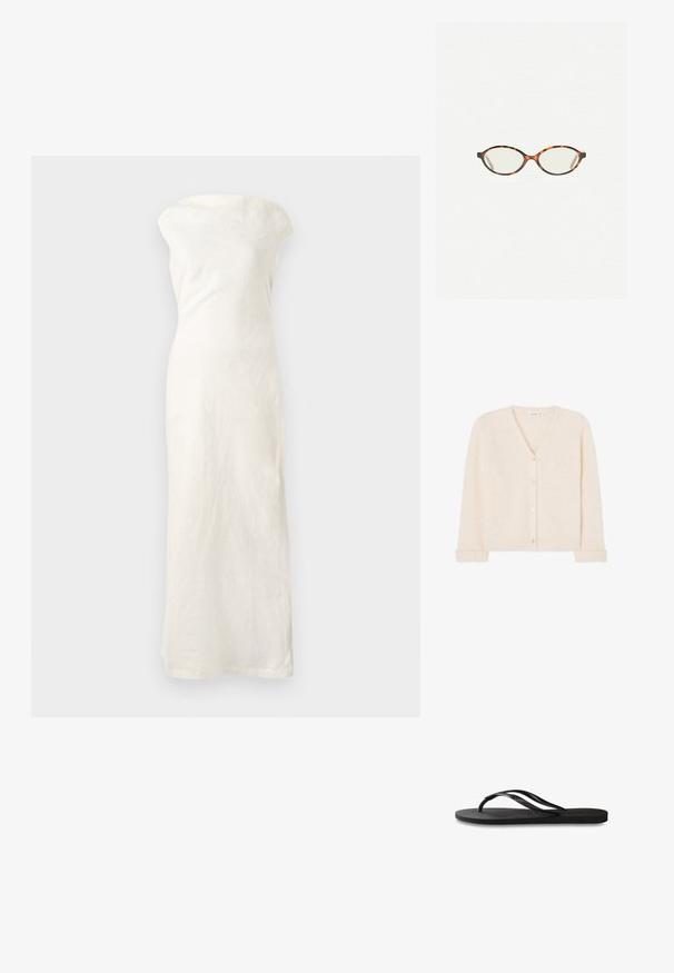 Krémový cardigan s v-výstřihem vyrobený z nadýchané pleteniny, s pěti knoflíky vpředu a žebrovanými manžetami a spodním lemem.; Bílá maxi šaty z lněné látky s volným výstřihem a přiléhavým střihem, s rovně střiženým lemem. Obsahuje texturovanou tkaninu pro zvýraznění detailu.; Černé žabky s texturovanou gumovou podrážkou, dvěma štíhlými popruhy a jemným, embosovaným logem na popruhu.; Želvovinové brýle s oválnými čočkami a hladkým, jemným povrchem. Má tenké bočnice s jemným zakřivením v chrámcích. Čiré čočky.