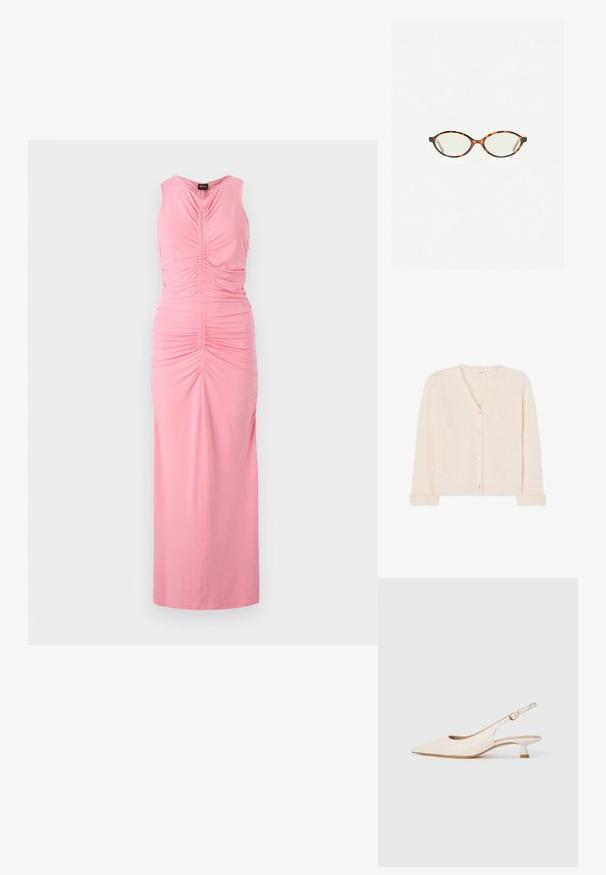 Kardigan v-yoksit kremovoy tsvetov, sdelannyy iz pukhlyy chuvstvennogo materiala, s pyat'yu knopkami spередi i ribishtoy obv'yazkoy na rukavakh i po nizu.; Vaaleanpunainen hihaton mekko, jossa on kerättyjä yksityiskohtia ja rypytys edessä, pitkä malli, valmistettu pehmeästä ja sileästä kankaasta.; Kreemi värvi teravatootjal rakendusjalats, millel on madal kassi konts ja kuldne pannal, asetatud lihtsal valgel taustal.; Kilpikonnakuosiset silmälasit, joissa on soikeat linssit ja tyylikäs, sileä pinta. Ominaisuudet: ohuet sivut, joissa on hienovarainen kaari temppeleissä. Kirkkaat linssit.