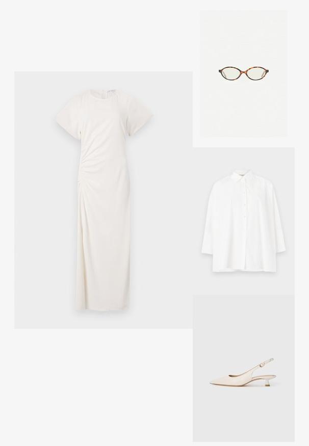 Crème v-hals cardigan van pluizig breimateriaal, met vijf knopen aan de voorkant en geribde manchetten en zoom.; Witte button-up blouse met een klassieke kraag, lange mouwen en een relaxte pasvorm. Glad katoenen stof zonder zichtbare patronen of accenten.; Witte jurk met korte mouwen, ronde halslijn en ruches aan de zijkanten; gladde stof met een vloerlange silhouet.; Crèmekleurige puntneus slingback schoen met lage kittenheel en gouden gesp op een effen witte achtergrond.; Kattenoogbril met ovale lenzen en een strakke, gladde afwerking. Heeft dunne zijkanten met een subtiele kromming bij de slapen. Transparante lenzen.