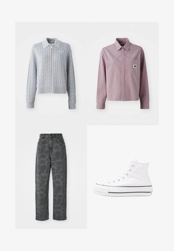 Hellblaue Strickjacke aus Kabelstrick mit einem Reißverschluss, Kragen, gerippten Bündchen und Saum. Sie hat ein strukturiertes Muster mit glatter Oberfläche.; Helles rosa Hemd mit Knopfverschluss, strukturierter Musterung, langen Ärmeln, einer Brusttasche und einem kleinen Logofähnchen an der Tasche.; Graue Jeans aus Denim mit floralem Muster, hoher Taille, geradem Bein und klassischem 5-Taschen-Design. Strapazierfähiger Stoff mit einer leichten Textur.; Weiße hochwertige Leinensneaker mit schwarzer Gummisohle, vorderem Gummizehenschutz und sechs Ösen für Schnürsenkel, die ein sauberes, minimalistisches Design aufweisen.