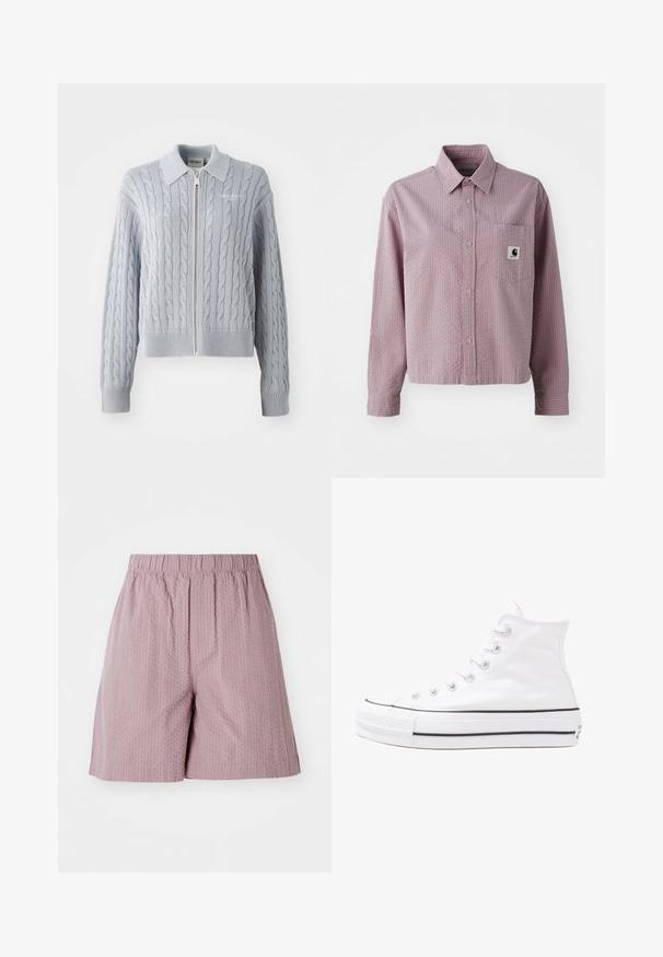 Kabelstrikket blå cardigan med glidelås, krage, ribbede mansjetter og hem. Har et teksturert mønster med en glatt overflate.; Lyserød skjorte med knapper, struktureret mønster, lange ærmer, en brystlomme og et lille logo mærke på lommen.; Lys rosa shorts laget av teksturert stoff med elastisk midje og rett snitt. Har et subtilt mønster og rene kanter.; Hvit høy-skinn kanvas sneakers med svart gummisåle, gummitåhette foran og seks hull for snorer, med et rent, minimalistisk design.