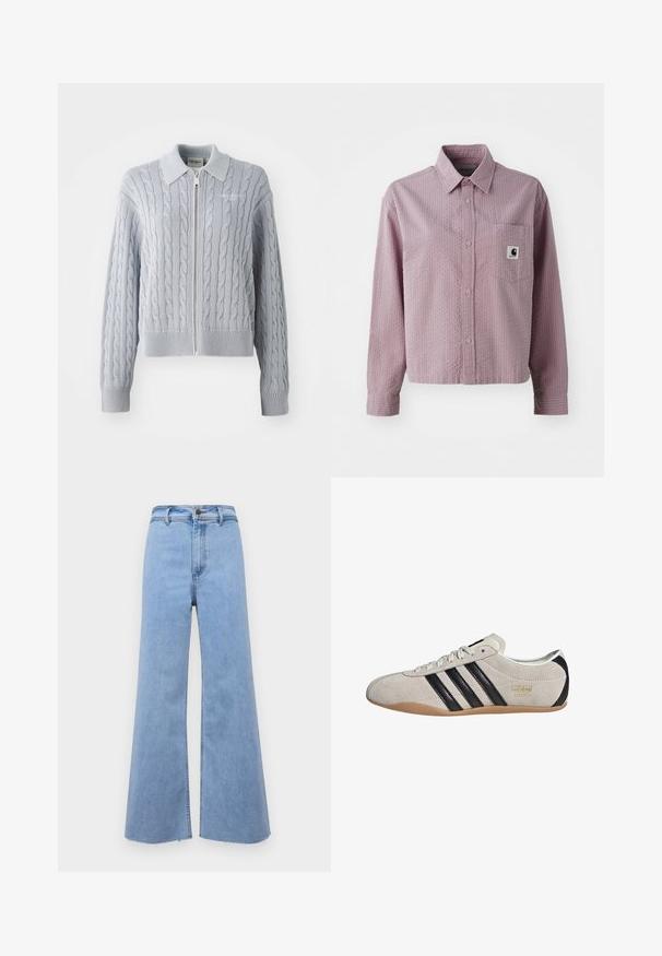 Cable-knit blue cardigan with a zip closure, collar, ribbed cuffs, and hem. Features a textured pattern with a smooth finish.; Light pink button-up shirt with a textured pattern, long sleeves, a chest pocket, and a small logo tag on the pocket.; Light blue wide-leg jeans with a high waist, frayed hem, and front button closure. Made from denim, featuring a smooth texture and clean lines.; Suede sneaker with a gray upper, black stripes, and a gum rubber sole. Features a lace-up closure and a gold logo detail on the side.