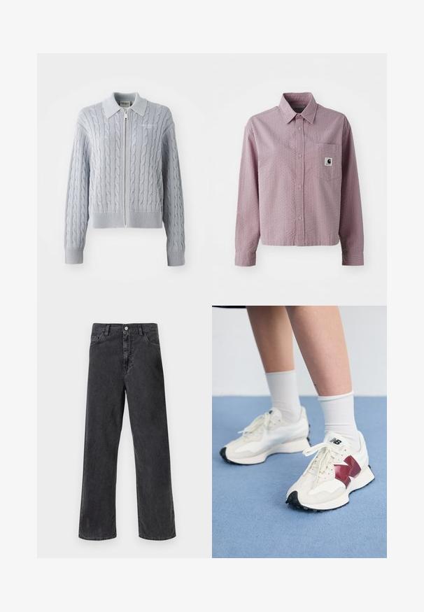 Cardigã azul em ponto de cable com fecho em zíper, colarinho, punhos e bainha canelados. Apresenta um padrão texturizado com um acabamento suave.; Camisa botão rosa claro com padrão texturizado, mangas longas, um bolso no peito e uma pequena etiqueta de logo no bolso.; Jeans de ganga pretos com um corte de perna reta, apresentando um fecho com botão metálico, cinco bolsos e costuras visíveis. Textura suave e cor discreta.; Par de tênis brancos com detalhes em bordô, painéis texturizados, sola preta lisa e atacadores claros, usados com meias brancas até ao tornozelo.