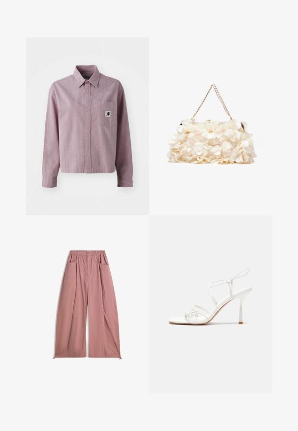 Blå kabelstickad cardigan med dragkedja, krage, ribbade manschetter och nederkant. Har ett strukturerat mönster med en slät yta.; Ljusrosa skjorta med knappar, mönstrad textur, långa ärmar, en bröstficka och en liten logotags på fickan.; Två bomullstopp i vitt och svart. Varje topp har en djup krage och tunna axelband, med en slät och mjuk textur.; Lösa, högmidjade byxor i mjukt rosarosa tyg. Har ett elastiskt midjeband, två sidofickor och en slät, texturerad yta.; Vit remsandaler med hög klack, platt tårbas, strukturerad framdel med rynkade detaljer och en smal vristrem.; Vit blommig handväska med en rynkad tygöverflata, guldfärgad kedjeslips och metallspänne. Har strukturerade blad för extra detalj.