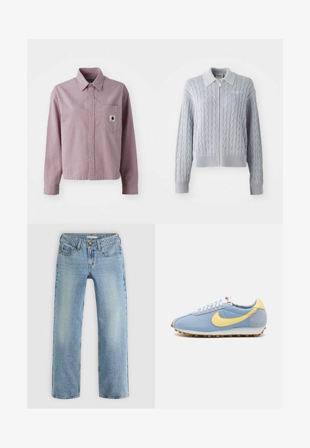 Niebieski kardigan z dzianiny w splot warkoczowy, z zapięciem na zamek błyskawiczny, kołnierzem oraz ściągaczami na rękawach i dole. Posiada teksturowany wzór o gładkim wykończeniu.; Jasnoróżowa koszula z długim rękawem, zapinana na guziki, z teksturowanym wzorem, kieszonką na piersi oraz małą metką z logo na kieszeni.; Dwa bawełniane topy w kolorze białym i czarnym. Każdy z nich ma głęboki dekolt i cienkie ramiączka, charakteryzujące się gładką, miękką teksturą.; Jasnoniebieskie dżinsy o prostym kroju, wykonane z denimu, z zapięciem na guzik, pięcioma kieszeniami i subtelnym wyblaknięciem na nogawkach.; Niebieskie sneakersy z siateczki i zamszu z żółtym logo Nike, białymi sznurowadłami i jasnobrązową podeszwą; klasyczny sportowy design.