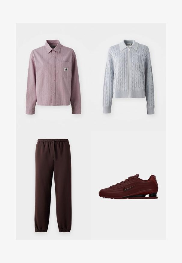 Cárdigan azul de punto trenzado con cierre de cremallera, cuello, puños y dobladillo acanalados. Presenta un patrón texturizado con un acabado suave.; Camisa de botón de color rosa claro con un patrón texturizado, mangas largas, un bolsillo en el pecho y una pequeña etiqueta con logo en el bolsillo.; Pantalones jogger marrones con cintura ajustable, puños elásticos y material de algodón suave. Presentan un ajuste relajado y un diseño minimalista.; Zapatilla Nike en color burdeos con acentos en la suela, cordones y logo swoosh en negro, mostrada en perfil lateral sobre fondo blanco.