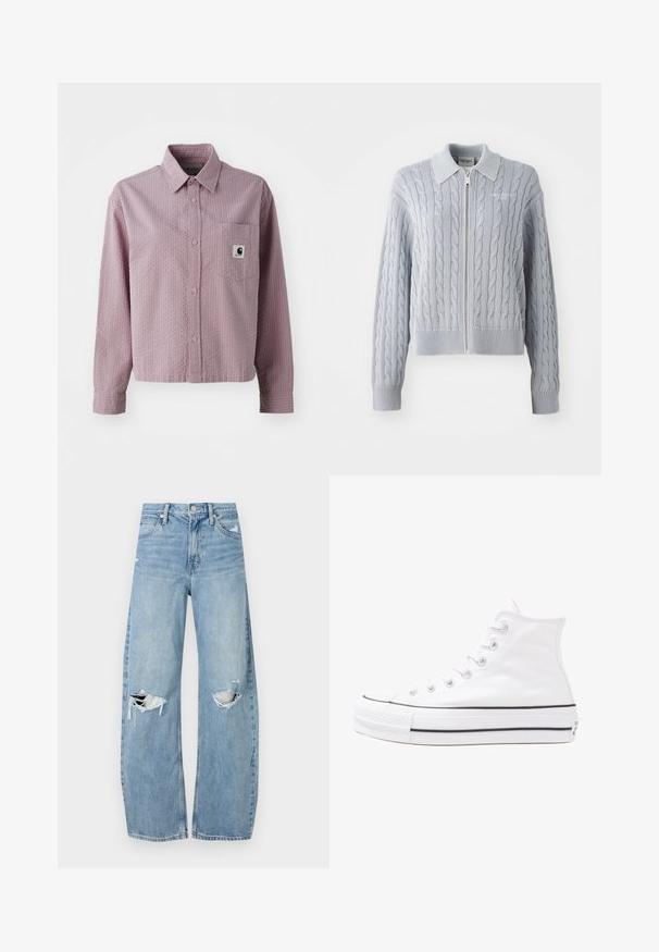 Cardigan blu a maglia grossa con chiusura a zip, colletto, polsini e orlo a coste. Presenta un motivo testurizzato con una finitura liscia.; Camicia button-up rosa chiaro con un motivo testurizzato, maniche lunghe, tasca sul petto e una piccola etichetta con logo sulla tasca.; Jeans azzurri chiari a vita alta realizzati in denim. Presentano gambe larghe, due aree strappate sulle ginocchia e il classico styling a cinque tasche.; Sneaker alta in tela bianca con suola in gomma nera, punta in gomma frontale e sei asole per i lacci, caratterizzata da un design pulito e minimalista.