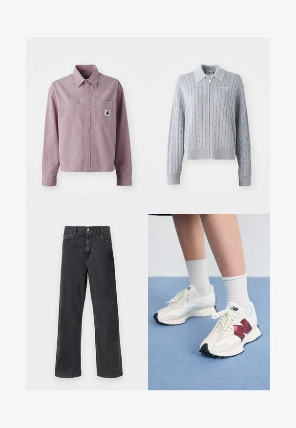 Pulover iz cable-knit v modri barvi s zadrgo, ovratnikom, rebrastimi manšetami in robom. Ima strukturiran dizajn s gladkim zaključkom.; Svetlo roza košulja na gumb s teksturiranim vzorcem, dolgimi rokavi, žepom na prsih in majhno oznako na žepu.; Črne denim kavbojke s ravnim krojem, z metalno zaponko za zapiranje, petimi žepi in vidnim šivanjem. Gladka tekstura in zatemnjen odtenek.; Par belih športnih copat z maroon detajli, teksturiranimi paneli, ravnim črnim podplatom in svetlim vezalkami, obutih z belimi gležnjarji.