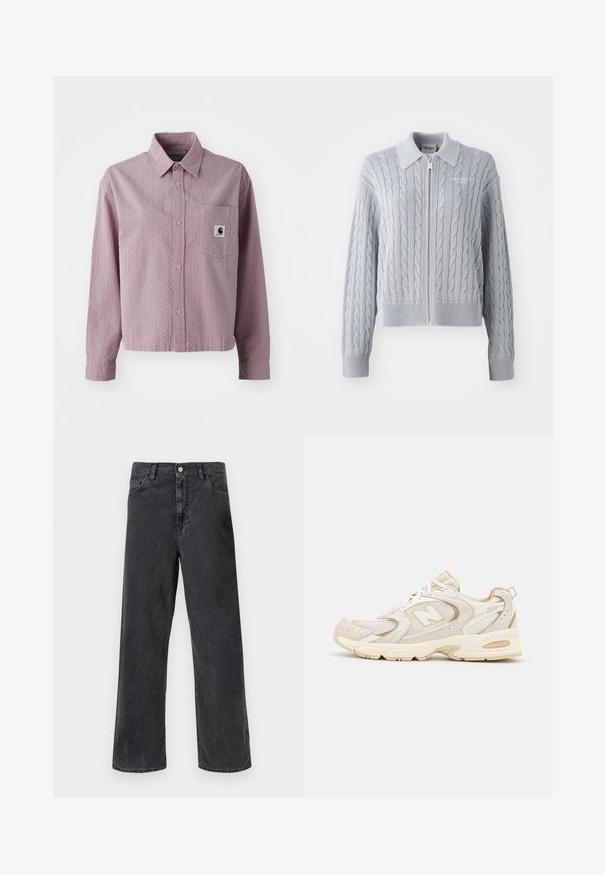 Sinine kaelusega ja lukuga kaardigan, millel on soonikkoes varrukate ja alumise serva äär. Omab tekstuuri mustrit sujuva viimistlusega.; Vaaleanpunainen nappikauluspaita, jossa on teksturoitu kuosi, pitkät hihat, rintatasku ja pieni logotagi taskussa.; Musta farkut suoran lahkeen leikkauksella, joissa on metallinappikiinnitys, viisi taskua ja näkyväommeltus. Sileä pinta ja hillitty väri.; Beige urheilukengät, joissa on verkko- ja synteettiset päällysteet, kuvioitu pinta, pehmustettu varren alaosa ja "ABZORB"-pehmuste kantapäässä.