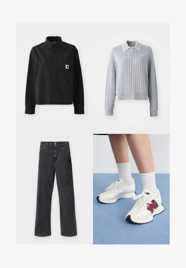 Kék, cable-knit kardigán cipzáras záródással, gallérral, bordás mandzsettákkal és szegéllyel. Átmenetes mintázattal rendelkezik, sima felülettel.; Fekete, hosszú ujjú ing, textúrált wafel mintával, gombos elülső rész, gallér és mellzsebkendő logóval.; Fekete farmernadrág egyenes szabással, fém gombos záródással, öt zsebbel és látható varrással. Sima textúra és visszafogott szín.; Fehér sneaker pár, bordó kiegészítőkkel, texturált panelekkel, lapos fekete talppal és világos fűzőkkel, fehér bokazoknival viselve.