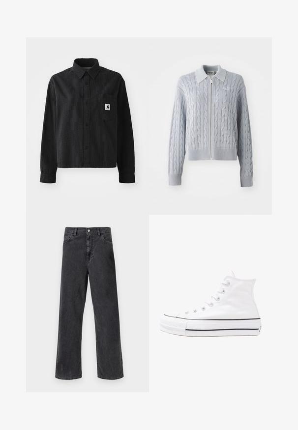 Mėlynas kabelinis megztinis su užtrauktuku, apykakle, raukšlėtomis rankovėmis ir apačia. Pasižymi tekstūruotu raštu ir glotnaus paviršiaus apdaila.; Juodas ilgomis rankovėmis marškinys su tekstūruotu vanilės raštu, mygtukų užsegimu, apykakle ir krūtininėmis kišenėmis su logotipo aplikacija.; Juodi džinsai su tiesiu kirpimu, su metaline sagute, penkiomis kišenėmis ir matoma siuvinėjimu. Lygus paviršius ir neutralus atspalvis.; Balti aukštakulniai drobės sportbačiai su juodu guminio pado, priekinio guminio piršto dangteliu ir šešiais akytėmis raištams, pasižymintys švariu, minimalistiniu dizainu.
