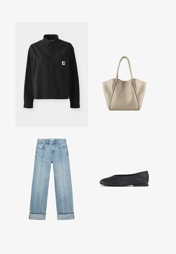 Pulover iz cable-knit v modri barvi s zadrgo, ovratnikom, rebrastimi manšetami in robom. Ima strukturiran dizajn s gladkim zaključkom.; Črna majica z dolgimi rokavi z teksturiranim vafl znakom, z gumbi spredaj, ovratnikom in žepom na prsih, ki ima logotip.; Svijetloplave široke traperice s visokim strukom, koje imaju pet džepova, vidljive šavove i podvrnute rubove kod manžeta.; Črne usnjene balerinke z zaobljenim nosom in nizko peto, zasnovane za vsakodnevno ali formalno nošenje.; Bežna usnjena torba z prostornim in strukturiranim dizajnom. Ima dve dolgi ročaji in subtilne šive; brez vidne opreme.