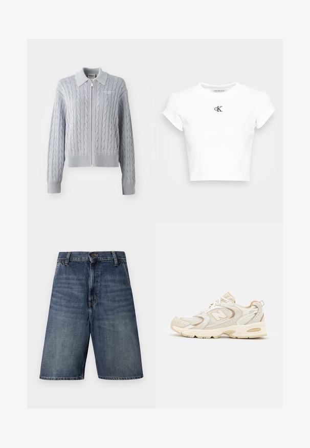 Kardigan od plave ženske vune s patentnim zatvaračem, ovratnikom, rebrastim rukavima i rubom. Ima teksturirani uzorak s glatkom završnom obradom.; Bijela skraćena majica od rebrastog materijala. Ima okrugli izrez i kratke rukave. Crni izvezeni "cK" logo na prsima.; Tamno plavi traper šorts s ravnim krojem, sa prednjim zatvaranjem na dugme, petljama za pojas i bez vidljivih uzoraka ili ukrasa.; Bež sportske cipele s mrežastim i sintetičkim prekrivačima, sa teksturiranom površinom, ojačanim okovratnikom i "ABZORB" jastučićem na peti.