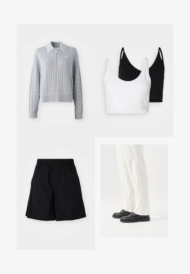 Cardigan bleu en maille torsadée avec une fermeture éclair, un col, des poignets et un ourlet côtelés. Présente un motif texturé avec une finition lisse.; Deux tops courts en coton, l'un blanc et l'autre noir. Chacun a un décolleté plongeant et des fines bretelles, offrant une texture lisse et douce.; Shorts noirs en tissu texturé avec un motif côtelé. Dotés d'une taille élastique et d'une coupe décontractée. Se terminent juste au-dessus du genou.; Mocassins en cuir noir avec une texture lisse, des détails de couture et un bout arrondi, associés à un pantalon blanc ajusté.