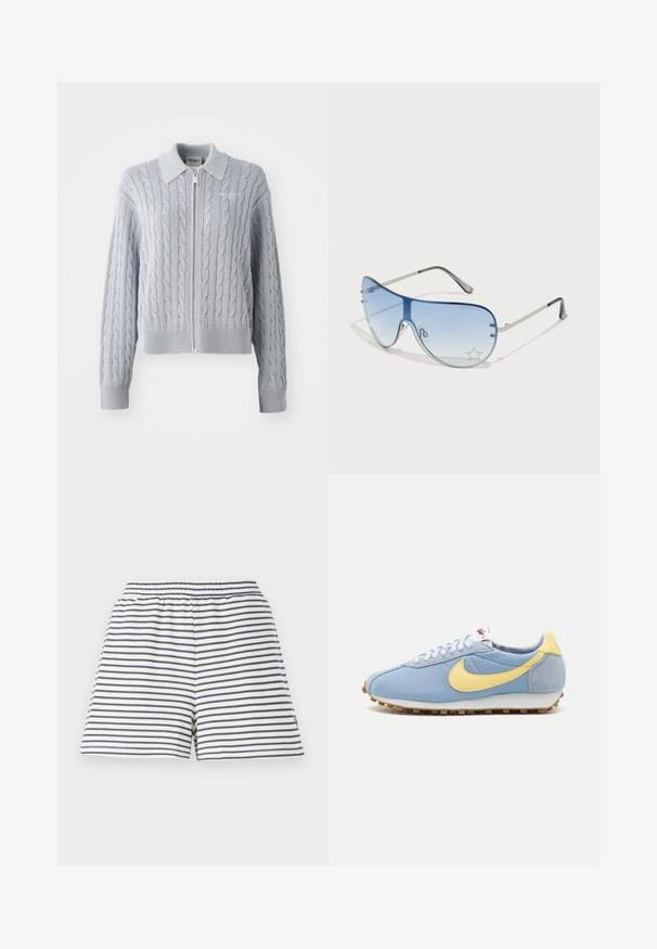 Sinise soonedega kaelusega kardigan, millel on tõmblukk, soonikkoes mansetid ja äär. Omab tekstuurset mustrit sujuva viimistlusega.; Kaks puuvillast crop topi, valge ja must. Igal on sügav kaelus ja õhukesed õlapaelad, ning need on valmistatud siledast, pehmest materjalist.; Triibulised lühikesed püksid, millel on valge ja tumesinise värviskeem, elastne vöökoht, pehme puuvillane materjal ja mugav lõige.; Sinine võrk ja sametmaterjalist spordijalanõud kollase Nike swooshiga, valgete paeltega ja heleda pruuni tallaga; klassikaline spordidisain.; Aviatori prillid, millel on gradient sinine objektiiv, hõbedane metallraam ja dekoratiivsed staaraktsendid objektiivil. Sujuv ja stiilne disain.