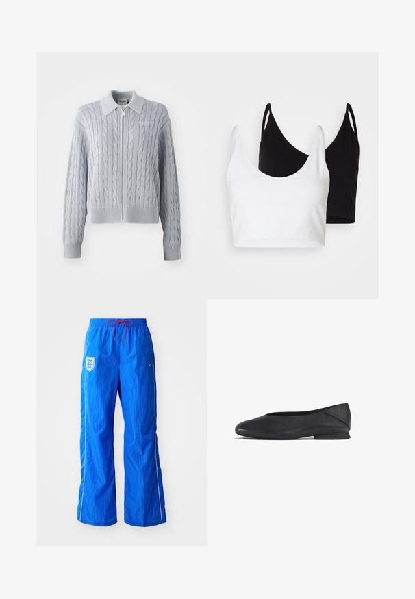 Blauwe kabelgebreide cardigan met ritssluiting, kraag, geribde manchetten en zoom. Heeft een gestructureerd patroon met een gladde afwerking.; Twee katoenen crop tops in wit en zwart. Elke top heeft een diepe halslijn en dunne schouderbandjes, met een gladde, zachte textuur.; Blauwe sportbroek met een elastische tailleband en rode trekkoord. Bevat een wit logo en piping langs de zijkanten, gemaakt van lichtgewicht materiaal.; Zwarte leren platte schoen met ronde teen en lage hak, ontworpen voor casual of formele gelegenheden.