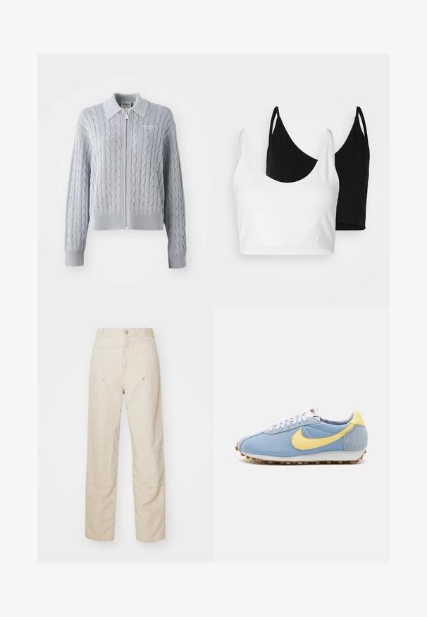 Blauwe kabelgebreide cardigan met ritssluiting, kraag, geribde manchetten en zoom. Heeft een gestructureerd patroon met een gladde afwerking.; Twee katoenen crop tops in wit en zwart. Elke top heeft een diepe halslijn en dunne schouderbandjes, met een gladde, zachte textuur.; Beige linnen broek met een ontspannen pasvorm, voorzien van zijzakken en decoratieve stikseldetails, naadloze tailleband en rechte pijpen.; Blauwe mesh- en suède sneaker met gele Nike swoosh, witte veters en lichtbruine zool; klassiek sportief ontwerp.