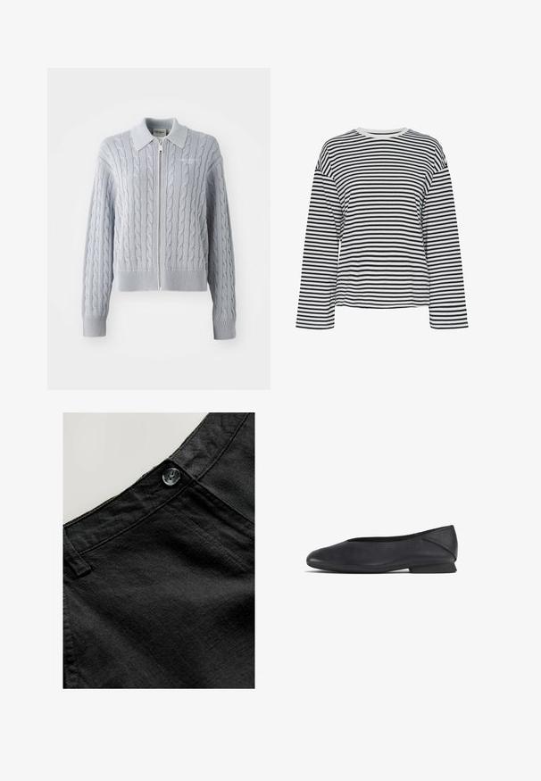 Mėlynas kabelinis megztinis su užtrauktuku, apykakle, raukšlėtomis rankovėmis ir apačia. Pasižymi tekstūruotu raštu ir glotnaus paviršiaus apdaila.; Juoda ir balta dryžuota ilgomis rankovėmis marškinėliai su apvalia iškirpte. Minkšta medžiaga, laisvas kirpimas ir kontrastingi iškirptės akcentai.; Juodos lino kelnės su glotnia tekstūra, su apvaliu mygtuku ir su siuvinėjimo detalėmis ant juosmens ir kišenių.; Juodas odinis plokščias batelis su apvaliu nosiu ir žemu kulnu, skirtas kasdieniam ar oficialiam dėvėjimui.