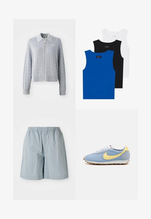 Cable-knit blue cardigan with a zip closure, collar, ribbed cuffs, and hem. Features a textured pattern with a smooth finish.; Three sleeveless shirts in blue, black, and white. The fabric is ribbed with a round neckline. Each shirt has a tag labeled “even&odd.”; Light blue, textured shorts with an elastic waistband, featuring a relaxed fit and no visible pockets or hardware.; Blue mesh and suede sneaker with yellow Nike swoosh, white laces, and light brown sole; classic athletic design.