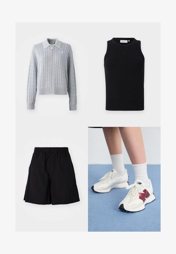 Cardigan bleu en maille torsadée avec une fermeture éclair, un col, des poignets et un ourlet côtelés. Présente un motif texturé avec une finition lisse.; Débardeur noir sans manches en tissu côtelé, avec un col rond et un petit logo à l'avant. Design simple et ajusté.; Shorts noirs en tissu texturé avec un motif côtelé. Dotés d'une taille élastique et d'une coupe décontractée. Se terminent juste au-dessus du genou.; Une paire de baskets blanches avec des accents bordeaux, des panneaux texturés, une semelle noire plate et des lacets légers, portées avec des chaussettes blanches mi-mollet.