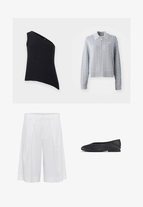 Pulover iz cable-knit v modri barvi s zadrgo, ovratnikom, rebrastimi manšetami in robom. Ima strukturiran dizajn s gladkim zaključkom.; Asimetrična črna majica z obliko enega ramena. Narejena iz mehkega blaga, ima gladko teksturo in čiste linije. Brez zapenjal ali okrasnih elementov.; Bele platnene kratke hlače z ohlapnim krojem, z širokimi nogami, sprednjimi gubami in gladko teksturo za boljšo zračnost.; Črne usnjene balerinke z zaobljenim nosom in nizko peto, zasnovane za vsakodnevno ali formalno nošenje.