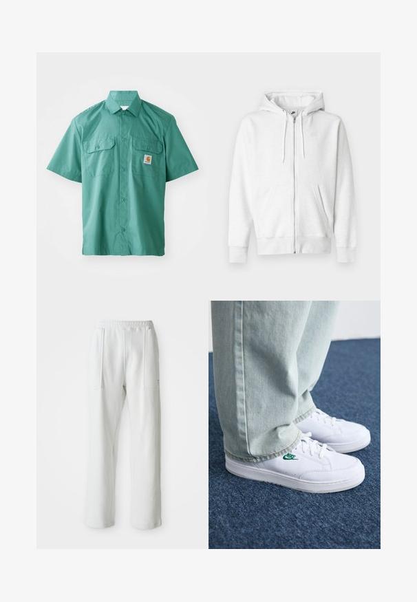 Felpa con cappuccio bianca con zip, realizzata in tessuto morbido, con tasca a marsupio, coulisse e piccolo logo nell'area superiore sinistra del petto.; Camicia a maniche corte, con bottoni, in tessuto teal dalla texture liscia. Presenta due tasche sul petto e una piccola patch logo sul lato sinistro del petto.; Pantaloni bianchi casual con vita elastica e grandi tasche frontali, esposti su uno sfondo chiaro e semplice.; Sneakers in pelle bianca con logo Nike verde, punta rotonda, suola piatta, abbinati a pantaloni in denim azzurro, mostrati su un tappeto blu.