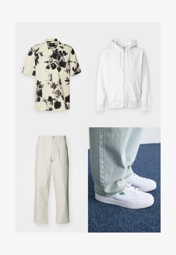 Hoodie branco com fecho de correr, feito de um tecido macio, com bolso canguru, cordões e um pequeno logotipo na parte superior esquerda do peito.; Camisa de manga curta com uma base creme e padrões florais pretos. Feita de um tecido leve, possui botões na frente e um bolso no peito.; Calças largas em bege claro, feitas de algodão. Apresentam bolsos frontais e fecho com botão. Textura suave com linhas verticais subtis.; Tênis de couro brancos com logo verde da Nike, bico redondo, sola plana, combinados com calças de denim azul claro, exibidos sobre um tapete azul.