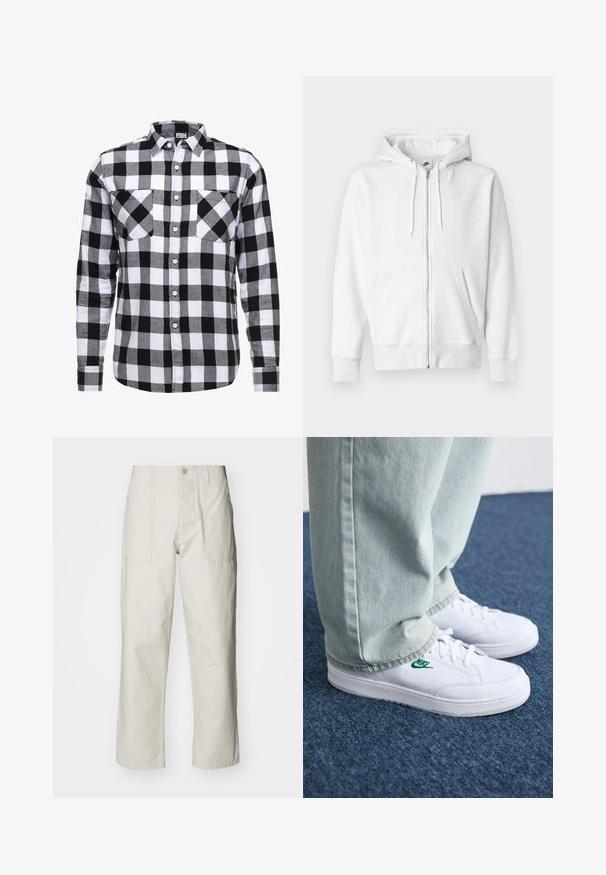 Bela jopa z zadrgo, izdelana iz mehke tkanine, z žepom kenguru, vrvicami in majhnim logotipom na zgornjem levem delu prsnega koša.; Črno-bele karirane srajce z gumbi z dolgimi rokavi, dvema žepoma na prsih in standardnim ovratnikom. Narejena iz mehke tkanine.; Svetlo bež široke hlače iz bombaža. Imajo sprednje žepe in gumbasto zapiranje. Gladka tekstura z subtilnimi navpičnimi črtami.; Bela usnjena športna obutev z zelenim Nike logotipom, okrogla konica, ravna podplat, v kombinaciji z svetlo modrimi kavbojkami, prikazana na modrem preprogu.