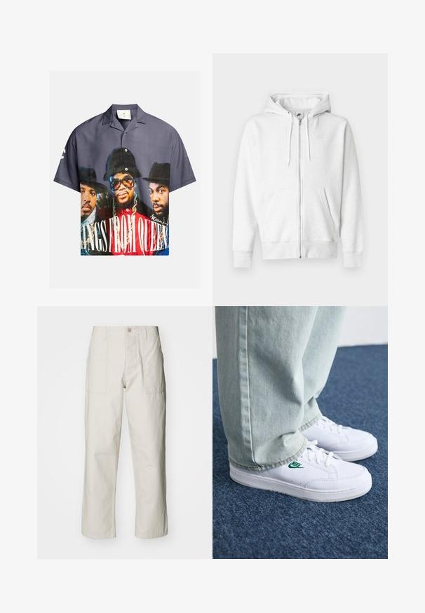 White zip-up hoodie made from a soft fabric with a kangaroo pocket, drawstrings, and a small logo on the upper left chest area.; Short-sleeve button-up shirt featuring a graphic print of three figures, predominantly in blue, gray, and red tones, with white text.; Light beige wide-leg pants made of cotton. Features front pockets and a button closure. Smooth texture with subtle vertical lines.; White leather sneakers with green Nike logo, round toe, flat sole, paired with light blue denim pants, shown on a blue carpet.