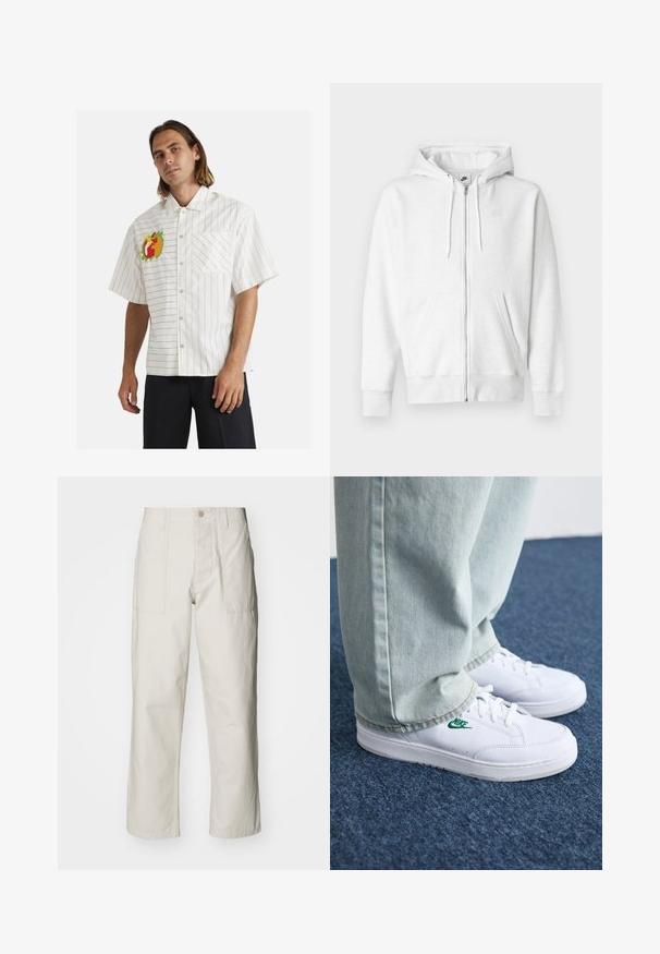 White zip-up hoodie made from a soft fabric with a kangaroo pocket, drawstrings, and a small logo on the upper left chest area.; White short-sleeve shirt with black vertical stripes, featuring a colorful fruit embroidery on the left chest and a single front pocket.; Light beige wide-leg pants made of cotton. Features front pockets and a button closure. Smooth texture with subtle vertical lines.; White leather sneakers with green Nike logo, round toe, flat sole, paired with light blue denim pants, shown on a blue carpet.