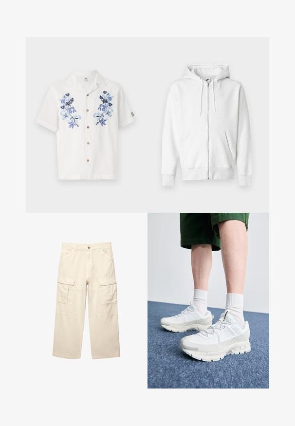 Hanorac alb cu fermoar, realizat dintr-un material moale, cu buzunar tip cangur, șnururi și un mic logo în partea superioară stângă a pieptului.; Cămașă albă cu mânecă scurtă, decorată cu broderie florală albastră, butoane maro pe toată lungimea frontală și un design de guler relaxat.; Pantaloni cargo bej din bumbac, cu două buzunare laterale, croi drept și detalii cusute pe parcurs. Par ușori și durabili.; Pantofi sport albi cu suprapuneri texturate, talpă masivă și accente gri. Purtați cu șosete albe până la glezne și pantaloni scurți verzi pe o suprafață albastră.
