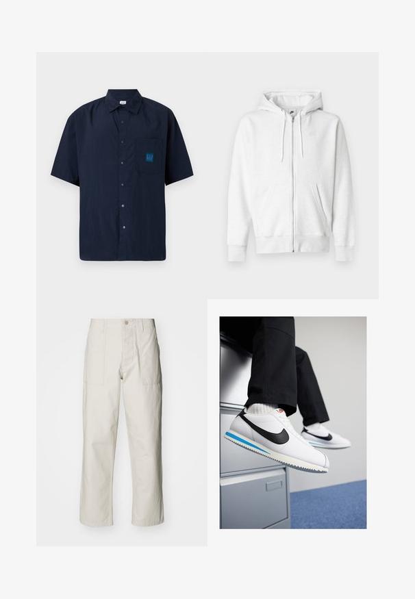 Felpa con cappuccio bianca con zip, realizzata in tessuto morbido, con tasca a marsupio, coulisse e piccolo logo nell'area superiore sinistra del petto.; Camicia azzurra a maniche corte con bottoni, realizzata in tessuto leggero, dotata di una tasca sul petto con una toppa del logo GAP in teal.; Pantaloni a gamba larga beige chiaro in cotone. Presentano tasche frontali e chiusura con bottone. Tessuto liscio con sottili linee verticali.; Sneakers in pelle bianca con uno swoosh Nike nero, suola in gomma leggera blu e grigia, e un classico design con lacci. I piedi poggiano su un armadietto.