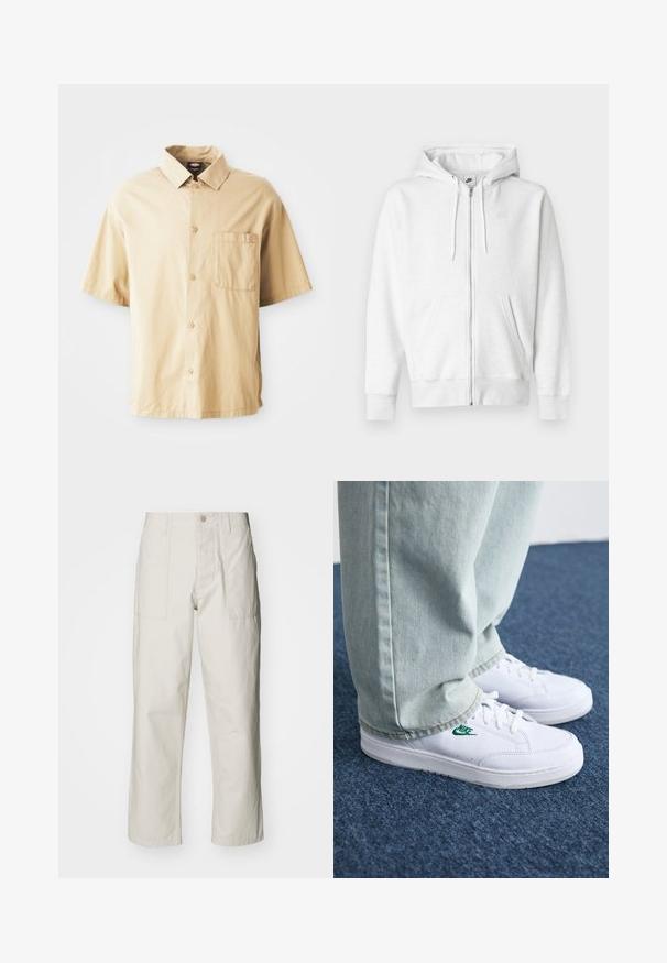 Hoodie branco com fecho de correr, feito de um tecido macio, com bolso canguru, cordões e um pequeno logotipo na parte superior esquerda do peito.; Camisa bege de manga curta com colarinho pontiagudo, fecho frontal com botões, um bolso no peito e um pequeno logótipo bordado no bolso.; Calças largas em bege claro, feitas de algodão. Apresentam bolsos frontais e fecho com botão. Textura suave com linhas verticais subtis.; Tênis de couro brancos com logo verde da Nike, bico redondo, sola plana, combinados com calças de denim azul claro, exibidos sobre um tapete azul.