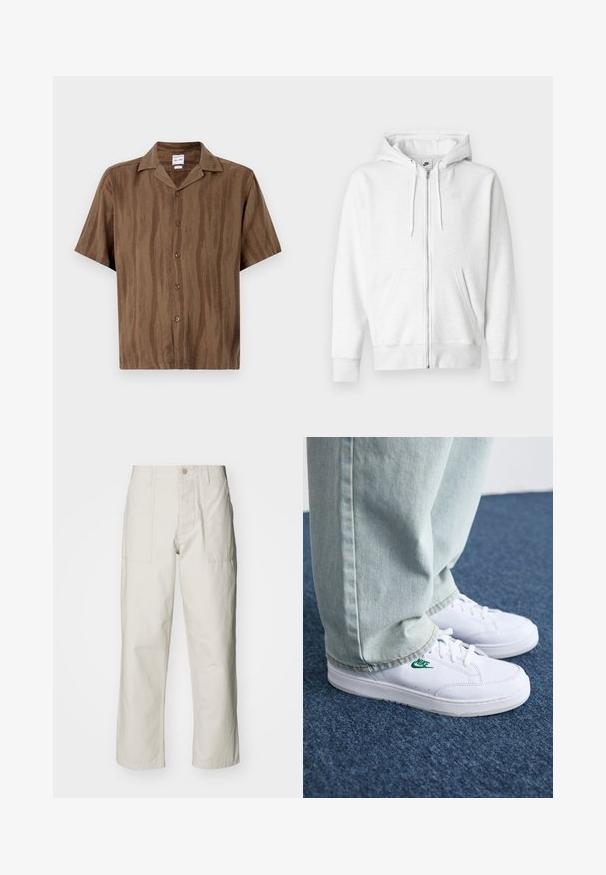 White zip-up hoodie made from a soft fabric with a kangaroo pocket, drawstrings, and a small logo on the upper left chest area.; Brown short-sleeve shirt with a subtle striped texture, button front closure, and a classic collar. Lightweight fabric.; Light beige wide-leg pants made of cotton. Features front pockets and a button closure. Smooth texture with subtle vertical lines.; White leather sneakers with green Nike logo, round toe, flat sole, paired with light blue denim pants, shown on a blue carpet.