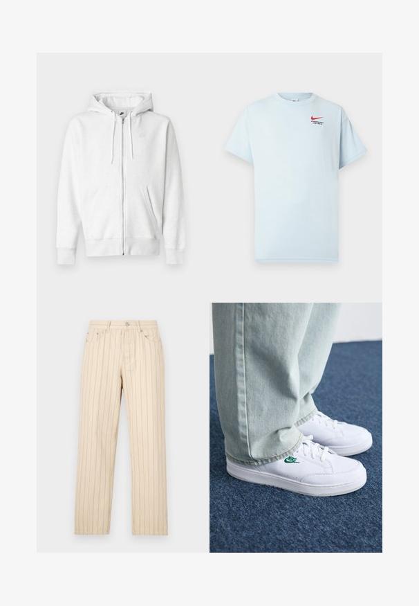 Hoodie branco com fecho de correr, feito de um tecido macio, com bolso canguru, cordões e um pequeno logotipo na parte superior esquerda do peito.; Camiseta de algodão azul clara com mangas curtas, gola redonda e um logo da Nike em vermelho. O texto diz "DEPARTAMENTO ATLÉTICO. APENAS FAÇA."; Calças beiges de perna reta com riscas verticais, apresentando um fecho de botão, passantes para cinto e bolsos laterais. O tecido tem uma textura suave.; Tênis de couro brancos com logo verde da Nike, bico redondo, sola plana, combinados com calças de denim azul claro, exibidos sobre um tapete azul.