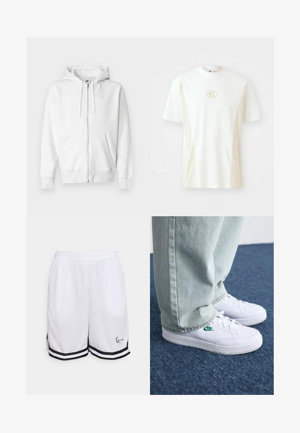 Valge lukuga dressipluus pehmest kangast, millel on kängurutasku, nöörid ja väike logo ülemises vasakus rinnapiirkonnas.; Lühikeste varrukatega, ümberkaela T-särk valgest ja helesandist. Kui iseloomustab väike kuldne Nike logo rinnal ja sile puuvillane tekstuur.; Valged sportlikud lühikesed püksid, mis on valmistatud kerge kangast, musta triibulise äärisega ja esiosas vasakul alajoonel allkirja logoga.; Valged nahast tennisetossud rohelise Nike logo ja ümarate varvastega, lamedate taldadega, koos helesiniste teksapükstega, esitatud sinisel vaibal.