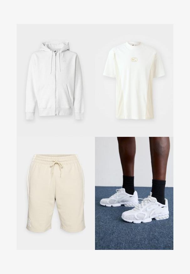 Balts rāvējslēdzēja džemperis no mīksta auduma ar kengūras kabatu, auklām un mazu logo augšējā kreisajā krūšu daļā.; Īsām piedurknēm, ar apaļu kakla izgriezumu, baltas un gaiši bežīgas krāsas T-kreklā. Izceļas ar mazu zeltītu Nike logo uz krūtīm un gludu kokvilnas tekstūru.; Beige šortos ar elastīgu jostu un auklu. Sānu kabatas un balts logo kreisajā apakšmalā. Izgatavotas no mīksta auduma.; Baltie sporta apavi ar sietiņu augšdaļu, rakstainiem akcentiem un mīkstu zoli. Apvienoti ar melniem ribotām potīšu zeķēm uz zilas paklāja virsmas.