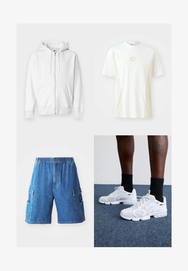 Hvit hettegenser med glidelås laget av et mykt stoff, med kengurulomme, snorer og en liten logo på øvre venstre bryst.; Kortermet t-skjorte med rund hals i hvit og lys beige. Har en liten gull Nike-logo på brystet og en glatt bomullsstruktur.; Denim cargo shorts i mellomblå med elastisk midje, flere sidelommer og rett snitt. Teksturert stoff med synlig søm.; Hvite joggesko med mesh-overdel, teksturerte detaljer og polstret såle. Kombinert med svarte ribbede ankelstrømper på et blått teppet.