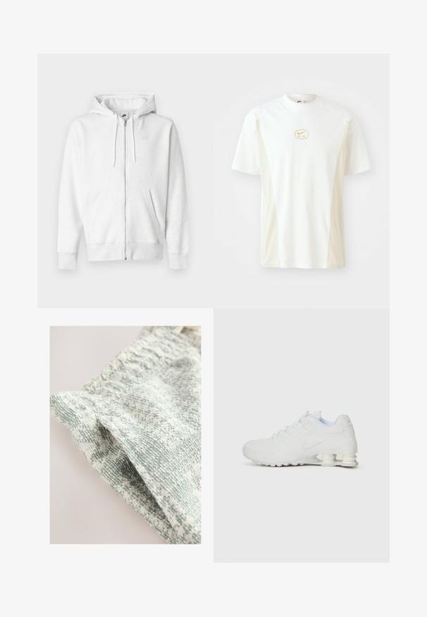 Fehér cipzáras kapucnis pulóver puha anyagból, kenguruzsebbel, húzózsinórokkal és egy kis logóval a bal felső mellrészen.; Rövid ujjú, kerek nyakú póló fehér és világos bézs színben. Az mellrészen egy kicsi arany Nike logó található, és sima pamut tapintású.; Textúrált szövet, amely szőtt mintával rendelkezik világoszöld és fehér árnyalatokban. Puha, könnyű tapintása és finom mintázata van.; Fehér sportcipő sima szintetikus felsőrésszel, texturált kiemelésekkel és jellegzetes, tagolt sarkával a megfelelő ütéselnyelődés érdekében. Fűzős kialakítás.