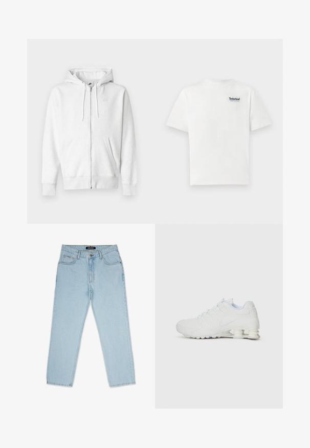 Valkoinen vetoketjullinen huppari, valmistettu pehmeästä kankaasta, jossa on kengurutasku, kiristysnyörit ja pieni logo vasemmassa ylärintakehässä.; Valkoinen puuvillapaita, jossa on sininen brodeerattu "Timberland Rugged Active Gear" -logo vasemmassa ylärinnassa. Lyhyet hihat ja pyöreä kaula-aukko.; Vaaleansiniset farkut suoralla lahkeella, joissa on napin ja vetoketjun suljenta, vyölenkit ja kaksi etutaskua.; Valkoinen urheilujalkine, jossa on sileä synteettinen päällinen, teksturoidut yksityiskohdat ja erottuva segmentoitunut kanta iskua vaimentamaan. Naruvaatimus.