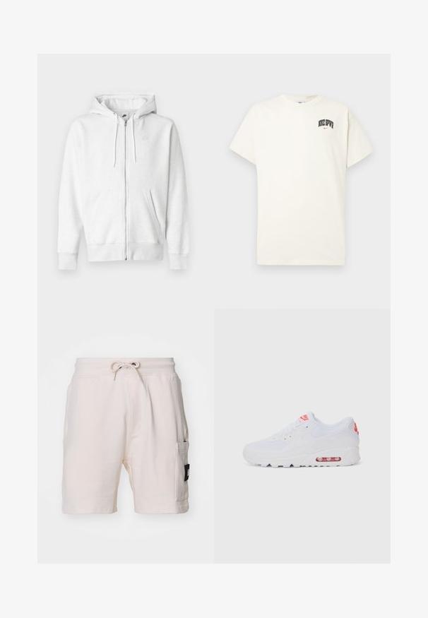 White zip-up hoodie made from a soft fabric with a kangaroo pocket, drawstrings, and a small logo on the upper left chest area.; Cream-colored cotton t-shirt with short sleeves, featuring "NIKE SB" in black and red text on the chest. Standard round neckline.; Light beige cotton shorts with an elastic waistband, drawstring, side pockets, and a notable black patch label on the side.; White athletic sneaker featuring a smooth upper, lace closure, cushioned sole, and a visible air unit with red accents on the branding.
