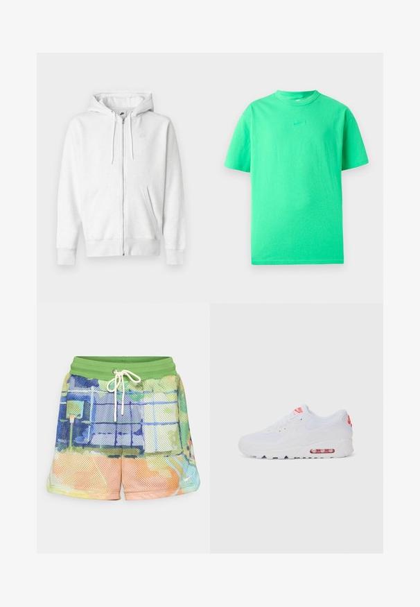 Sudadera blanca con cremallera hecha de una tela suave, con bolsillo tipo canguro, cordones y un pequeño logo en la parte superior izquierda del pecho.; Camiseta de algodón verde con mangas cortas y cuello redondo, que presenta un logo de Nike bordado en un verde ligeramente más oscuro en el pecho.; Pantalones cortos de baloncesto de malla con una cinturilla elástica verde, cordón y un patrón abstracto multicolor que incluye tonos de azul, naranja y verde.; Zapatilla deportiva blanca con una parte superior lisa, cierre de cordones, suela acolchada y una unidad de aire visible con acentos rojos en la marca.
